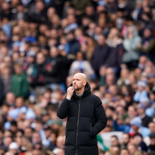 FILE - Manchester United's head coach Erik ten Hag watches the play during an English Premier League soccer match between Manchester City and Manchester United at the Etihad Stadium in Manchester, England, Sunday, March 3, 2024. (AP Photo/Dave Thompson, File)