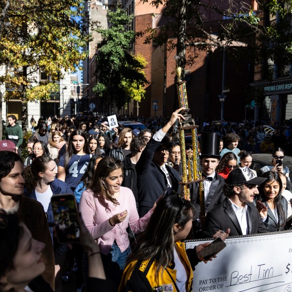 The trophy for the Timothee Chalamet lookalike contest is paraded through the street as the contest organizers move the event to a new location near Washington Square Park, Sunday, Oct. 27, 2024, in New York. (AP Photo/Stefan Jeremiah)