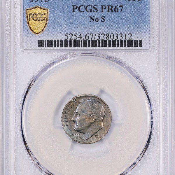 FILE - This undated image provided by GreatCollections shows a 1975 proof set dime mistakenly made without the San Francisco Mint's letter S mintmark. (GreatCollections via AP)