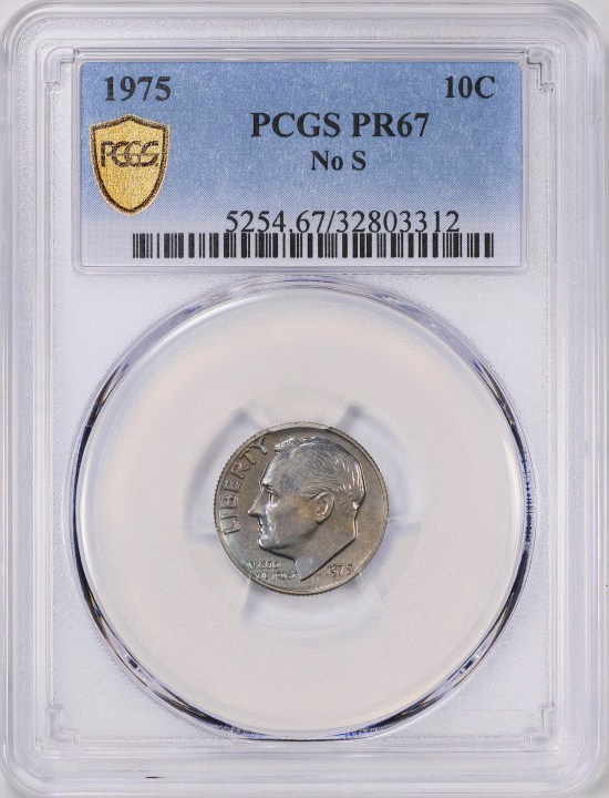 FILE - This undated image provided by GreatCollections shows a 1975 proof set dime mistakenly made without the San Francisco Mint's letter S mintmark. (GreatCollections via AP)