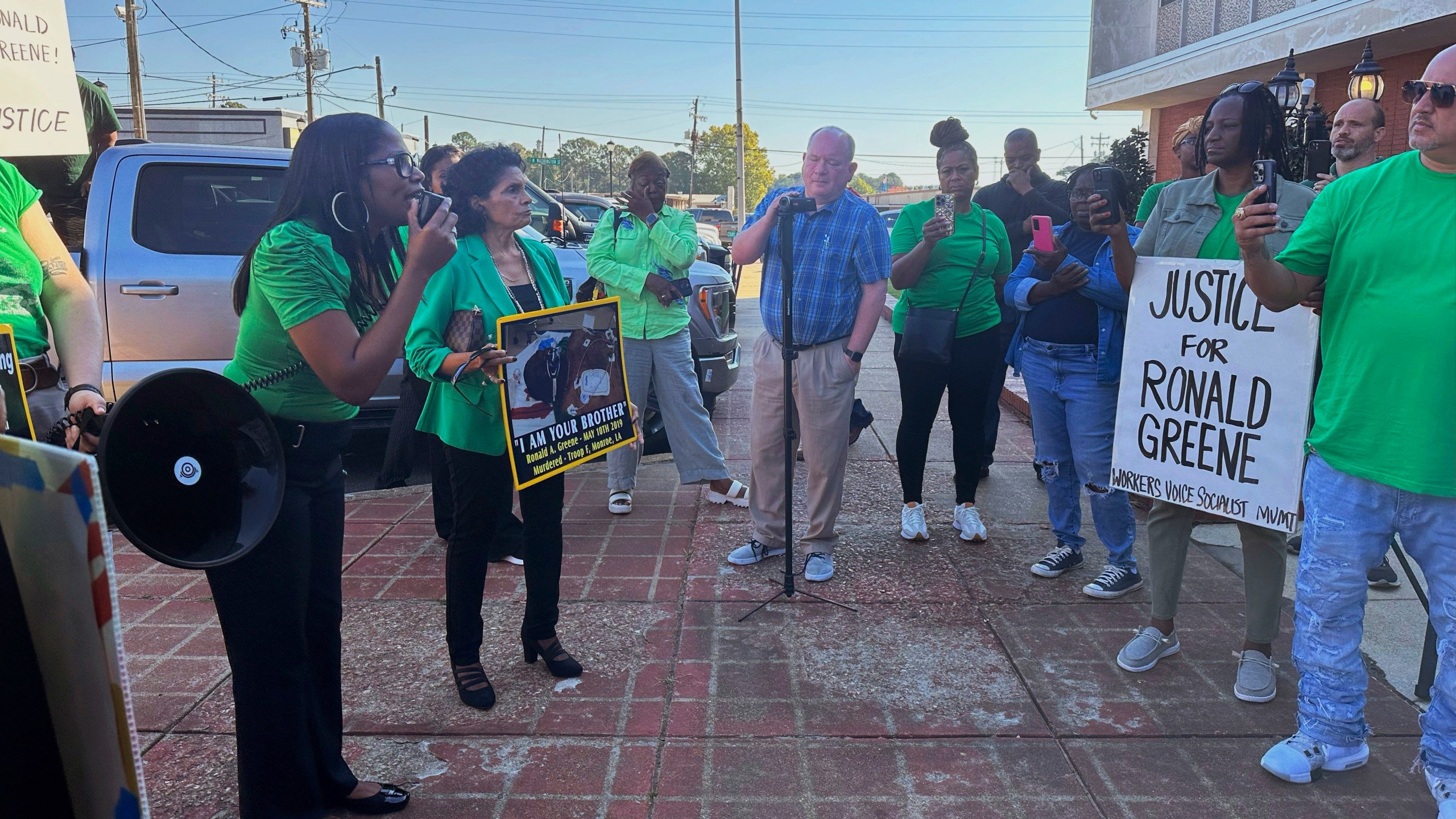 Supporters and family members of Ronald Greene gathered outside the Union Parish Courthouse Monday, Oct. 28, 2024, in Farmerville, La., following a plea hearing and sentencing for former state trooper Kory York. Greene’s mother, Mona Hardin, objected to the plea as “unfair” and urged a judge to reject it. (AP Photo/Jim Mustian)