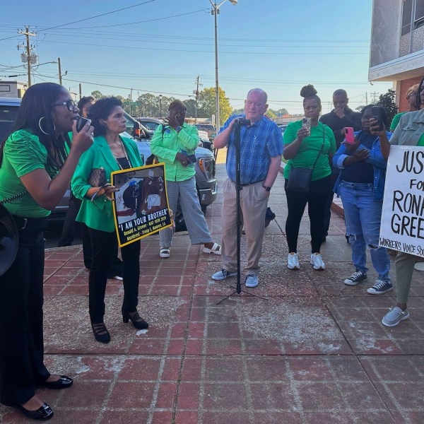 Supporters and family members of Ronald Greene gathered outside the Union Parish Courthouse Monday, Oct. 28, 2024, in Farmerville, La., following a plea hearing and sentencing for former state trooper Kory York. Greene’s mother, Mona Hardin, objected to the plea as “unfair” and urged a judge to reject it. (AP Photo/Jim Mustian)