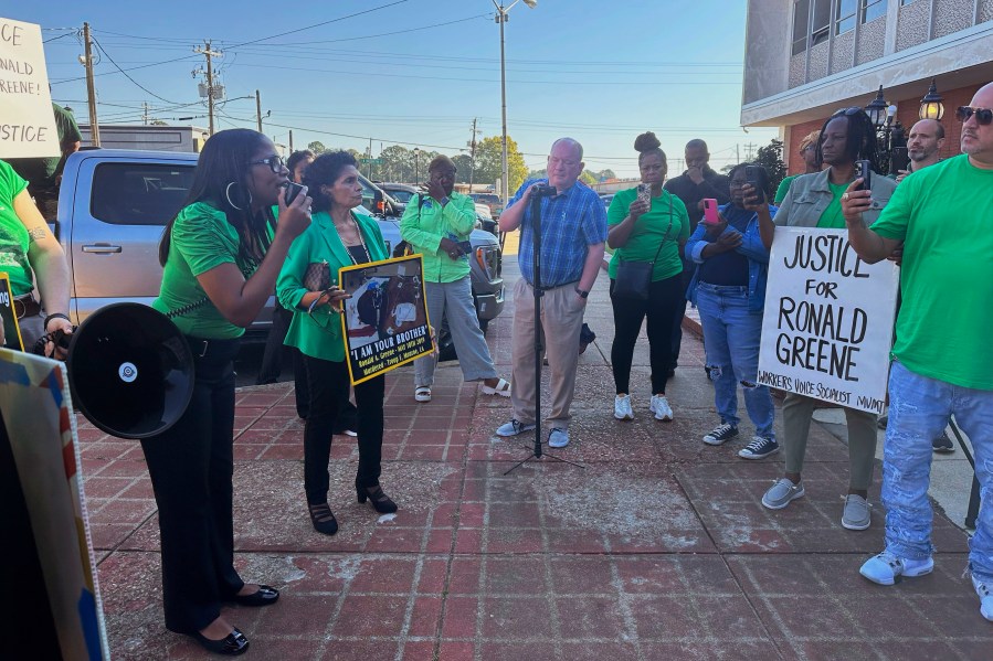 Supporters and family members of Ronald Greene gathered outside the Union Parish Courthouse Monday, Oct. 28, 2024, in Farmerville, La., following a plea hearing and sentencing for former state trooper Kory York. Greene’s mother, Mona Hardin, objected to the plea as “unfair” and urged a judge to reject it. (AP Photo/Jim Mustian)