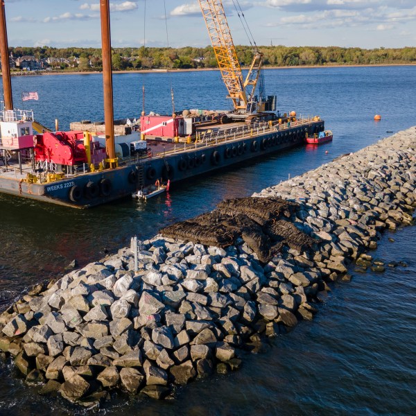 Construction is wrapping up on eight eco-friendly "Living Breakwaters" at the southernmost tip of New York City, off the coast of Staten Island, Wednesday, Oct. 9, 2024. (AP Photo/Ted Shaffrey)