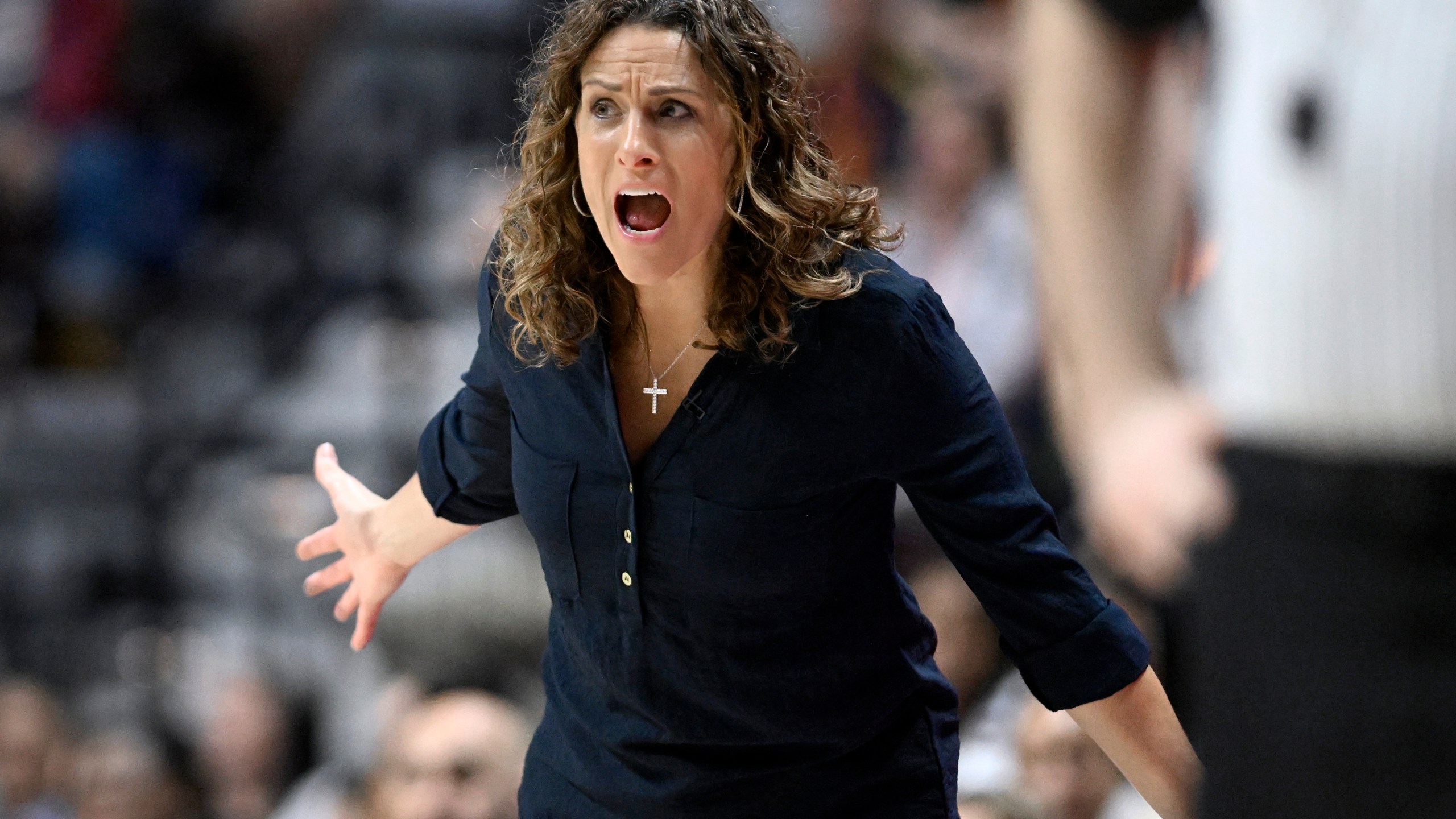 Connecticut Sun head coach Stephanie White reacts during the first half of a WNBA basketball semifinal game against the Minnesota Lynx, Friday, Oct. 4, 2024, in Uncasville, Conn. (AP Photo/Jessica Hill)