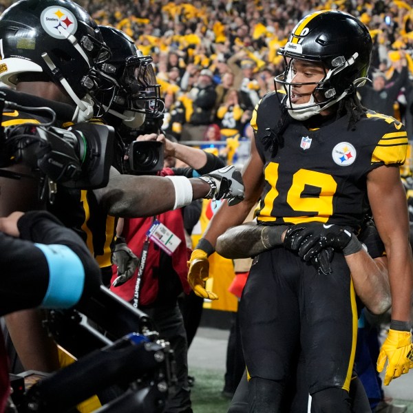 Pittsburgh Steelers wide receiver Calvin Austin III (19) celebrates his touchdown catch with teammates during the second half of an NFL football game against the New York Giants, Monday, Oct. 28, 2024, in Pittsburgh. (AP Photo/Gene J. Puskar)