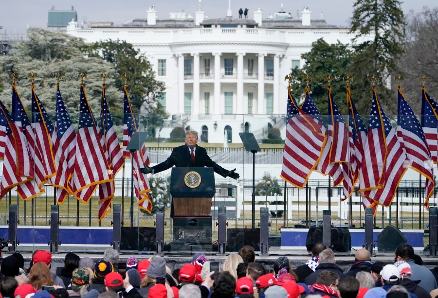 FILE - With the White House in the background, President Donald Trump speaks at a rally in Washington, Jan. 6, 2021. (AP Photo/Jacquelyn Martin, File)