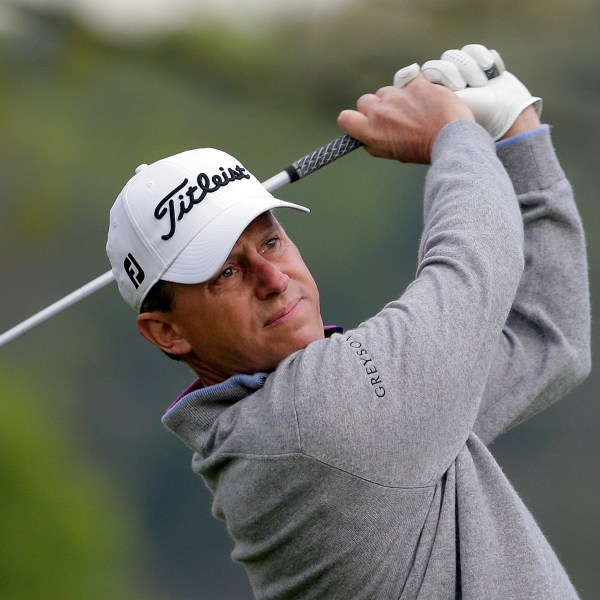 FILE - Jason Caron tees off on the second hole during the first round of the PGA Championship golf tournament, Thursday, May 16, 2019, at Bethpage Black in Farmingdale, N.Y. (AP Photo/Seth Wenig, File)