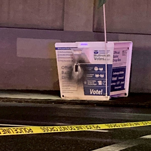 This image released by the Portland Police Bureau shows a ballot box after an incendiary device was discovered inside, in Portland, Ore., Monday, Oct. 28, 2024. (Portland Police Bureau via AP)