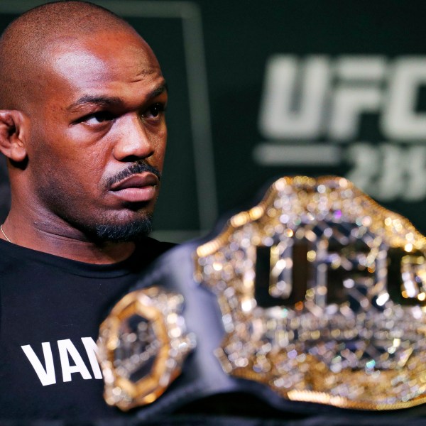 FILE - In this Jan. 31, 2019, file photo, light heavyweight champion Jon Jones attends a news conference for the UFC 235 mixed martial arts event in Las Vegas. (AP Photo/John Locher, File)