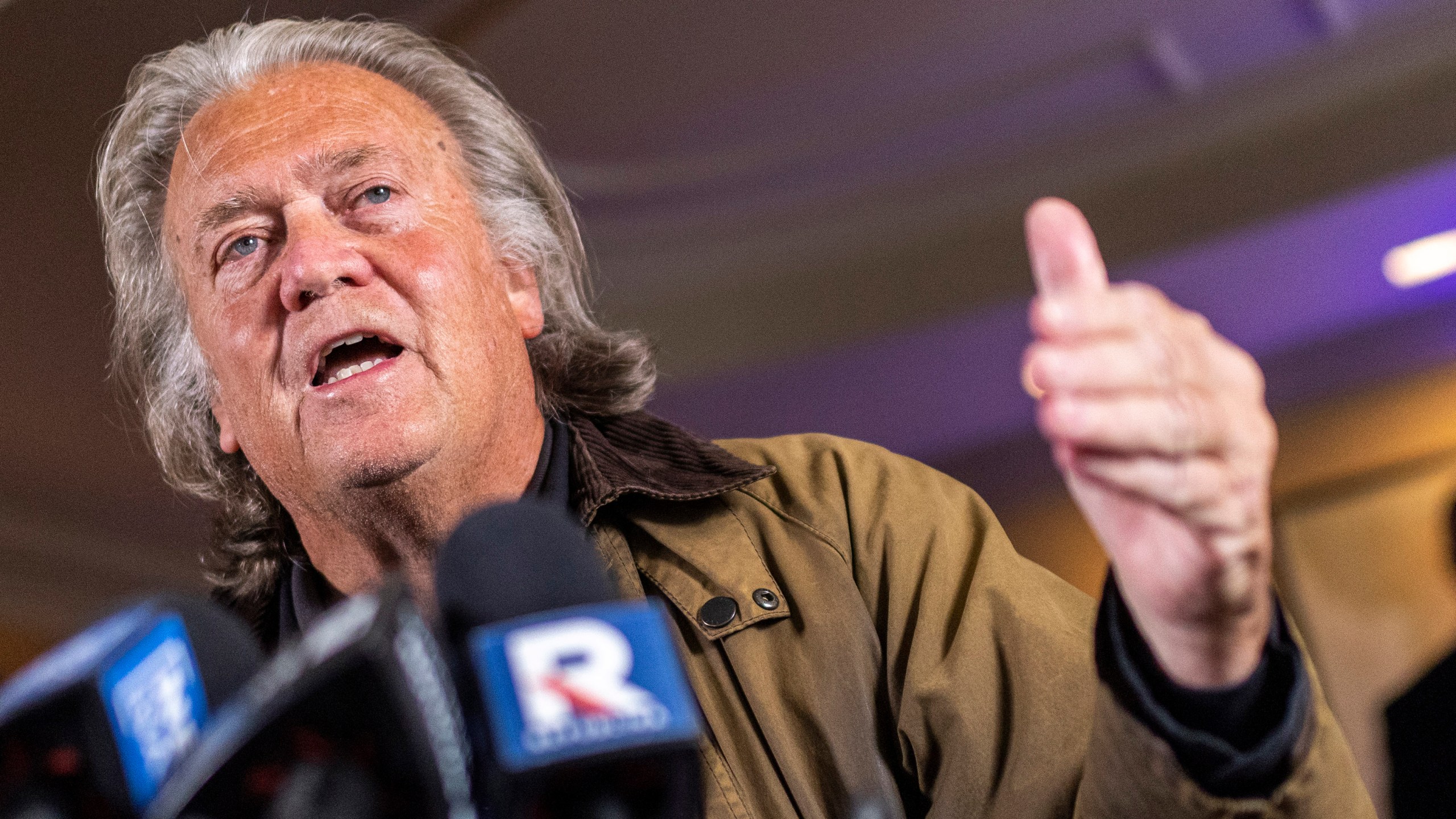 Steve Bannon speaks during a press conference after being released from the Federal Correctional Institution Danbury where he was incarcerated, Oct. 29, 2024, New York. (AP Photo/Eduardo Munoz Alvarez)