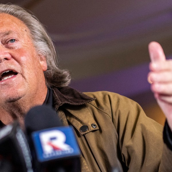 Steve Bannon speaks during a press conference after being released from the Federal Correctional Institution Danbury where he was incarcerated, Oct. 29, 2024, New York. (AP Photo/Eduardo Munoz Alvarez)