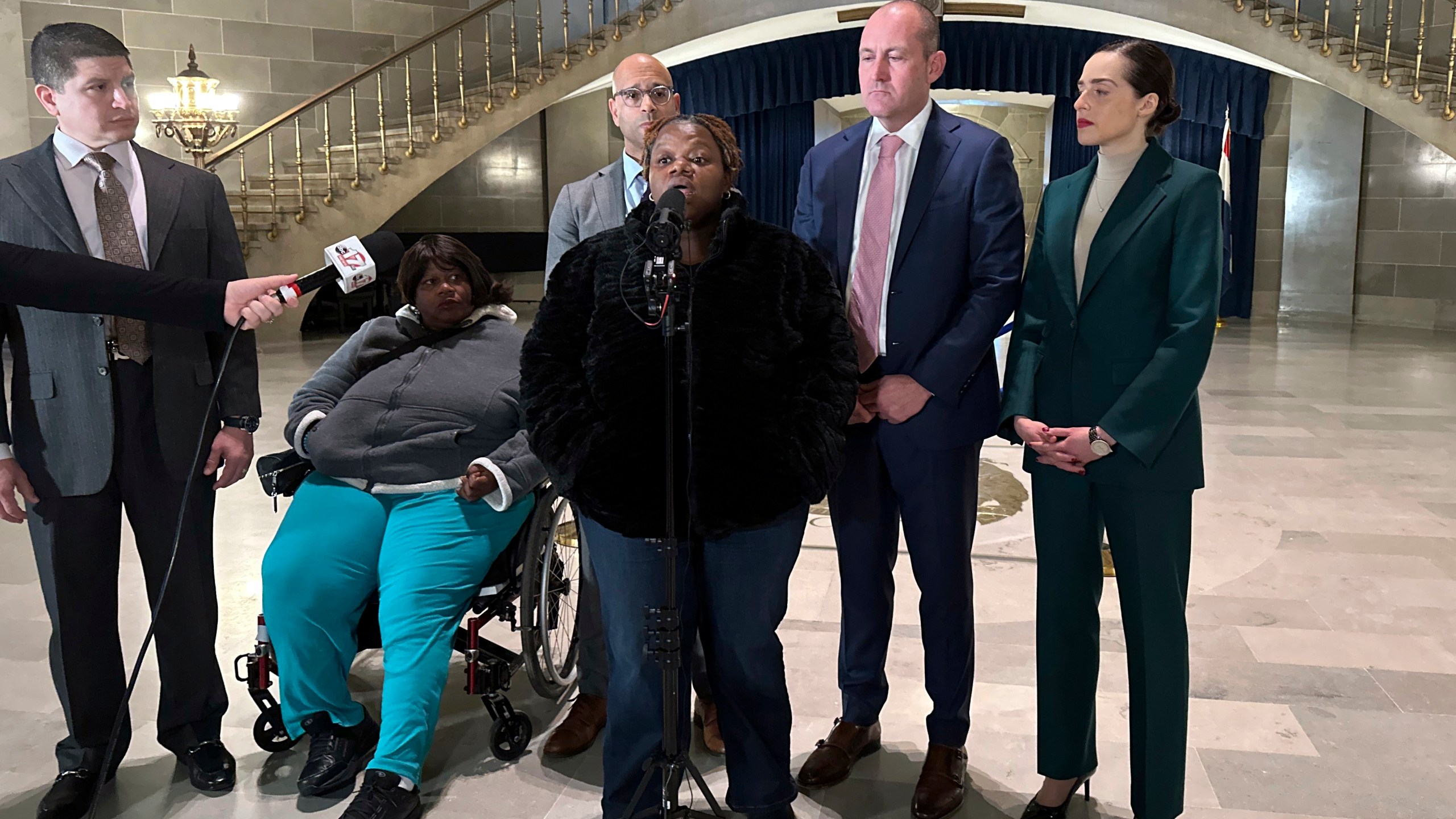 FILE - Oriel Moore describes her life without her brother, Othel Moore Jr., to reporters Dec. 19, 2023, at the Missouri Capitol in Jefferson City, Mo. (AP Photo/Summer Ballentine, File)