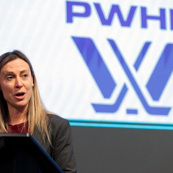 FILE - Professional Women's Hockey League senior vice president of hockey operations Jayna Hefford speaks before the PWHL Toronto team opened the Toronto Stock Exchange in Toronto, Jan. 12, 2024. (Cole Burston/The Canadian Press via AP, File)