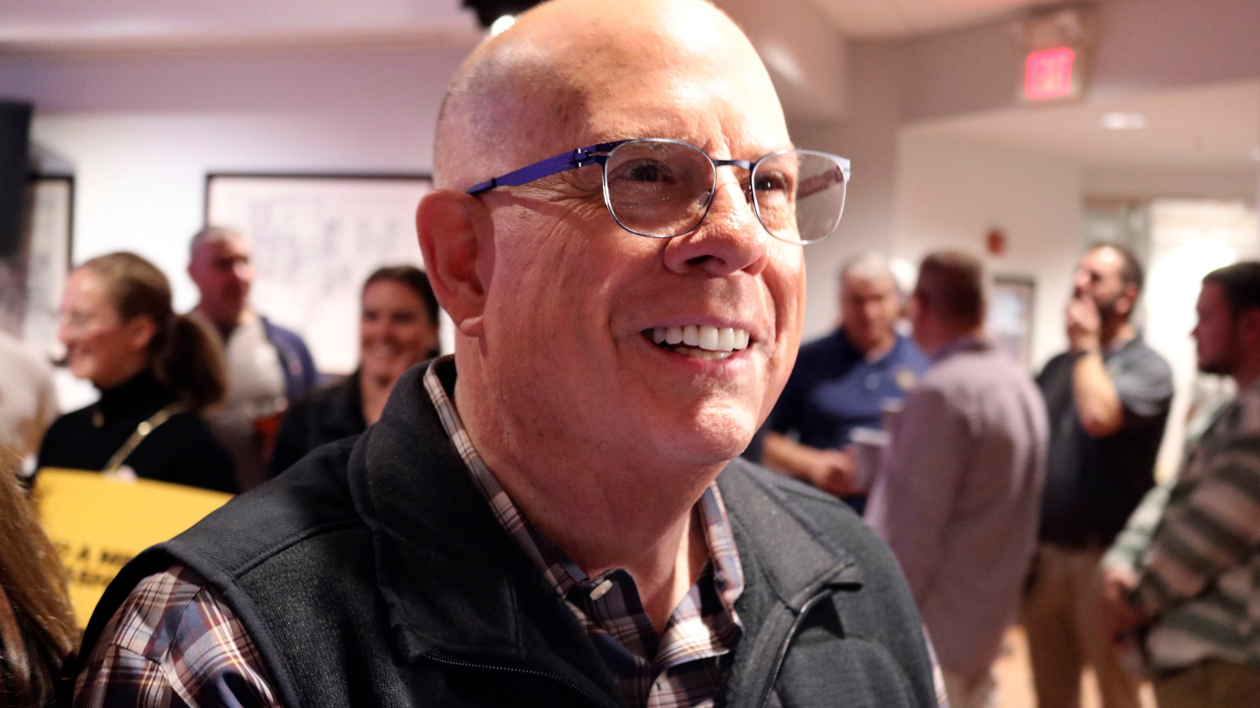 Republican former Gov. Larry Hogan, who is running for U.S. Senate, talks to reporters after a campaign stop with supporters in Millersville, Md., Thursday, Oct. 24, 2024. (AP Photo/Brian Witte)