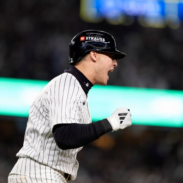 New York Yankees' Anthony Volpe celebrates after hitting a grand slam against the Los Angeles Dodgers during the third inning in Game 4 of the baseball World Series, Tuesday, Oct. 29, 2024, in New York. (AP Photo/Godofredo A. Vásquez)