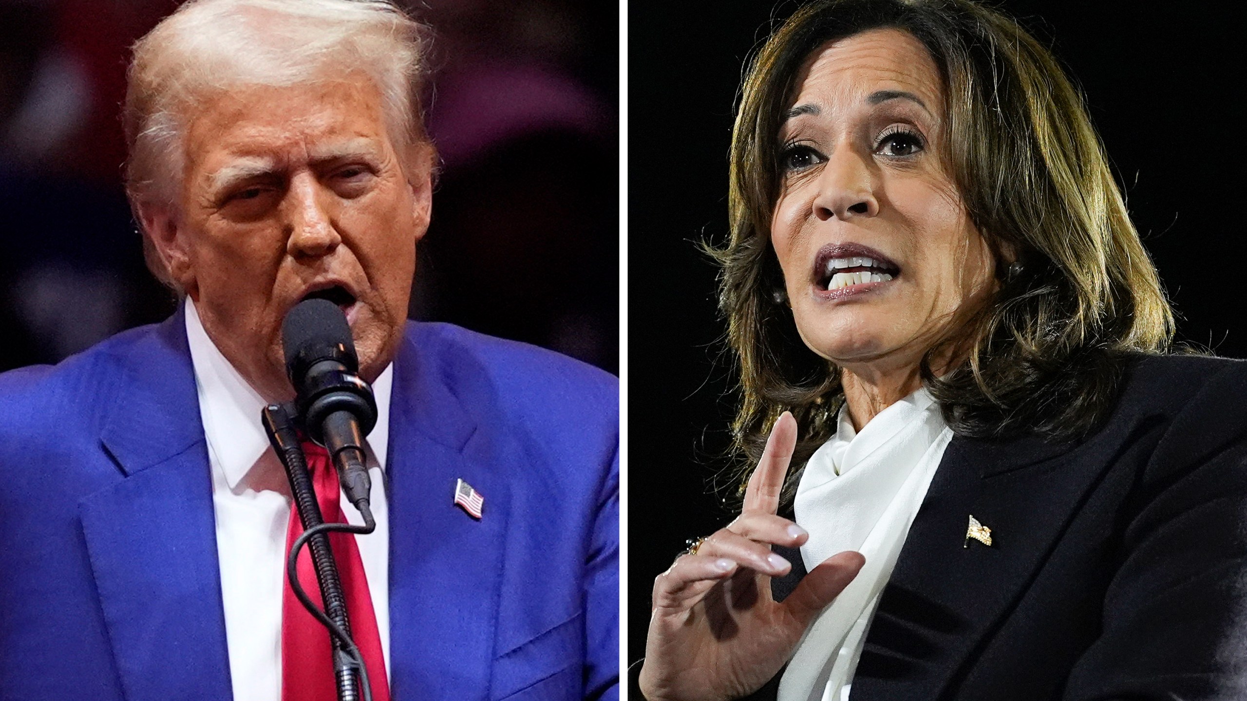 This combination of photos shows Republican presidential candidate former President Donald Trump, left, speaking at a campaign rally at Madison Square Garden, Oct. 27, 2024, in New York, and Democratic presidential nominee Vice President Kamala Harris, right, speaking at a campaign event at the Ellipse near the White House in Washington, Oct. 29, 2024. (AP Photo)