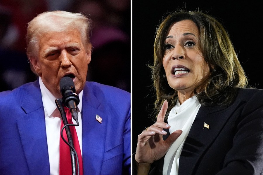 This combination of photos shows Republican presidential candidate former President Donald Trump, left, speaking at a campaign rally at Madison Square Garden, Oct. 27, 2024, in New York, and Democratic presidential nominee Vice President Kamala Harris, right, speaking at a campaign event at the Ellipse near the White House in Washington, Oct. 29, 2024. (AP Photo)