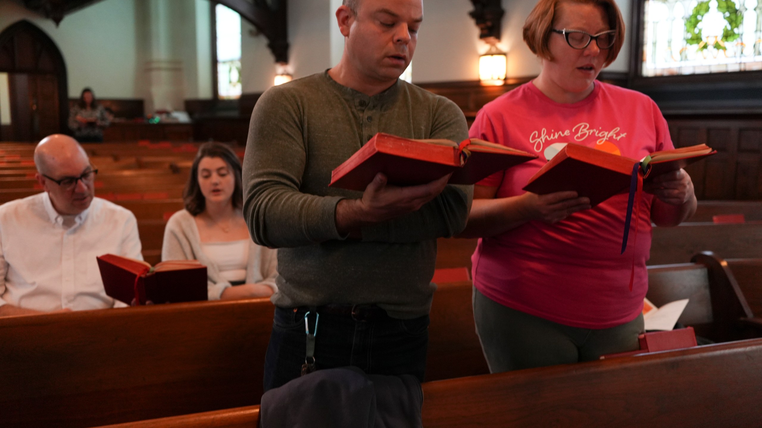 Congregants worship at Grace United Methodist in Harrisburg, Pa., on Sunday, Oct. 27, 2024. (AP Photo/Luis Andres Henao)