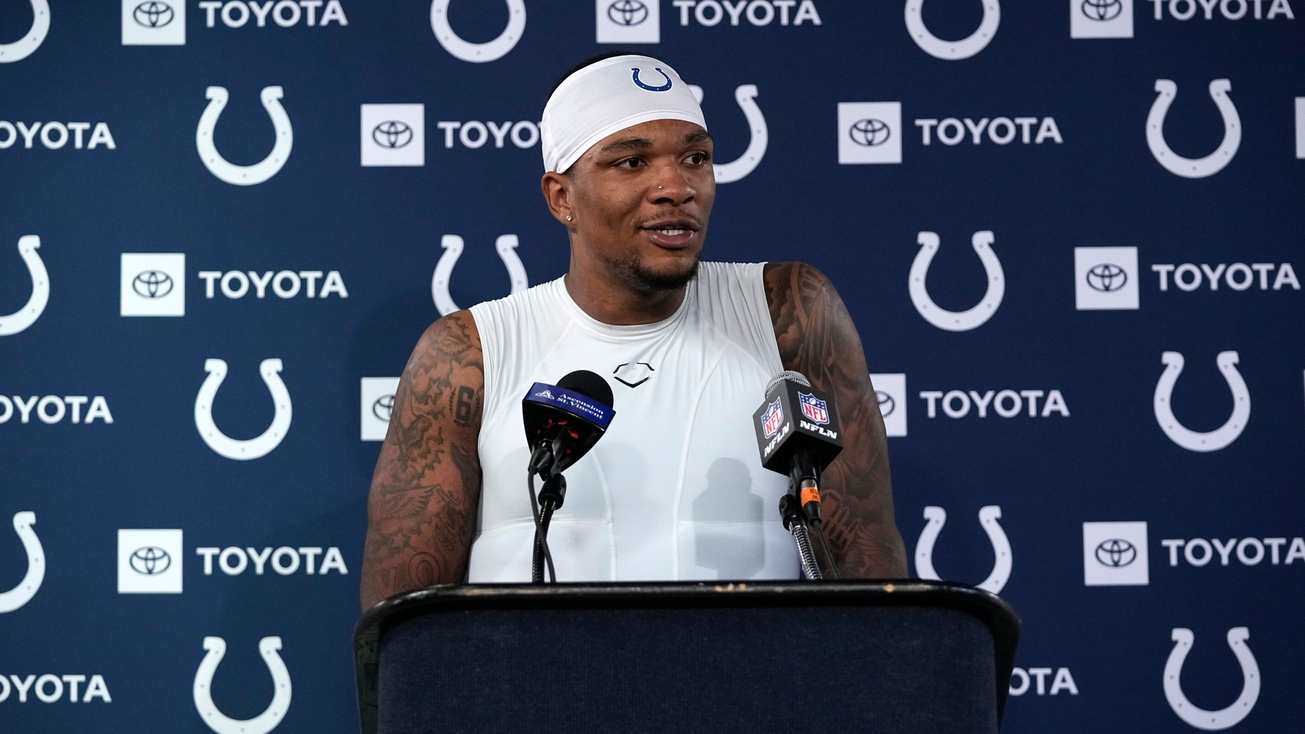 Indianapolis Colts quarterback Anthony Richardson speaks during a news conference after an NFL football game against the Houston Texans, Sunday, Oct. 27, 2024, in Houston. The Texans won 23-20. (AP Photo/Tony Gutierrez)