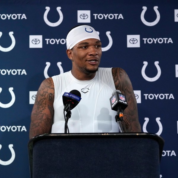 Indianapolis Colts quarterback Anthony Richardson speaks during a news conference after an NFL football game against the Houston Texans, Sunday, Oct. 27, 2024, in Houston. The Texans won 23-20. (AP Photo/Tony Gutierrez)