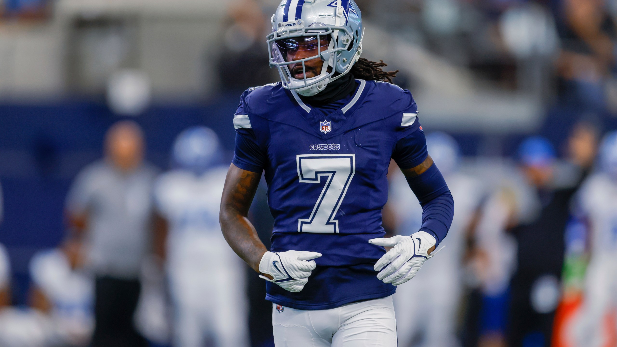 FILE - Dallas Cowboys cornerback Trevon Diggs runs to the line to cover a receiver during an NFL football game against the Detroit Lions in Arlington, Texas, Oct. 13, 2024. (AP Photo/Gareth Patterson, File)