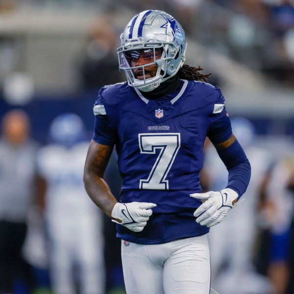 FILE - Dallas Cowboys cornerback Trevon Diggs runs to the line to cover a receiver during an NFL football game against the Detroit Lions in Arlington, Texas, Oct. 13, 2024. (AP Photo/Gareth Patterson, File)