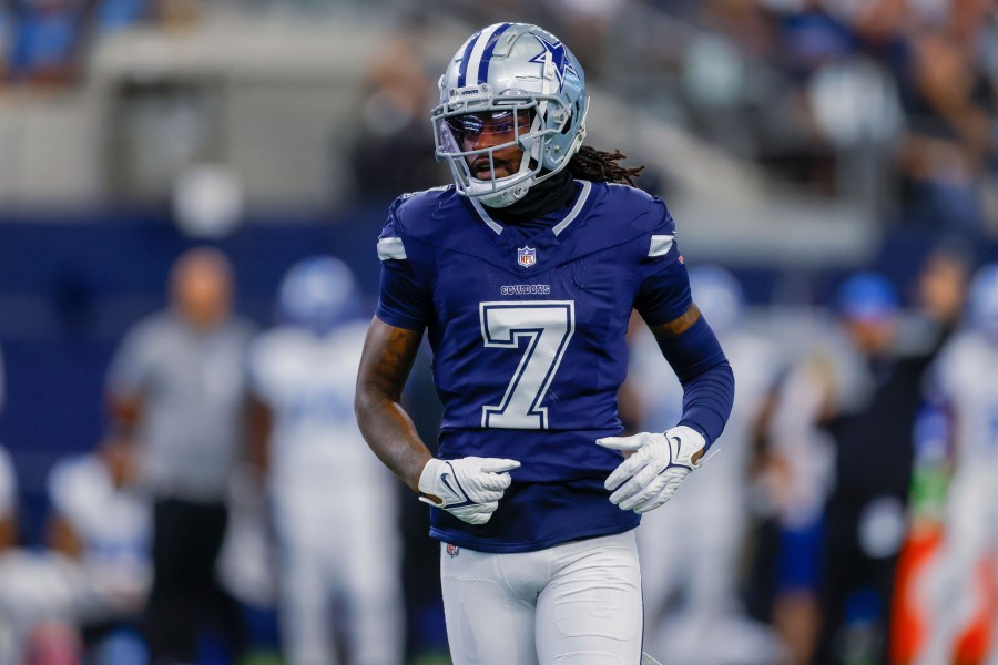 FILE - Dallas Cowboys cornerback Trevon Diggs runs to the line to cover a receiver during an NFL football game against the Detroit Lions in Arlington, Texas, Oct. 13, 2024. (AP Photo/Gareth Patterson, File)