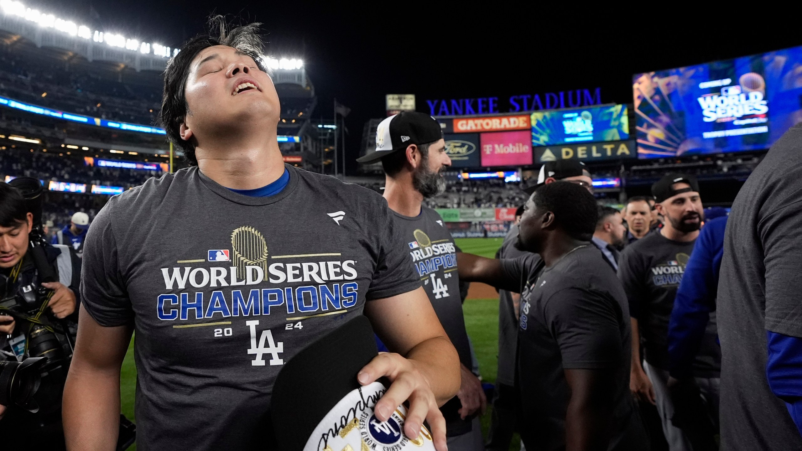 Los Angeles Dodgers' Shohei Ohtani celebrates after the Dodgers beat the New York Yankees in Game 5 to win the baseball World Series, Wednesday, Oct. 30, 2024, in New York. (AP Photo/Godofredo A. Vásquez)