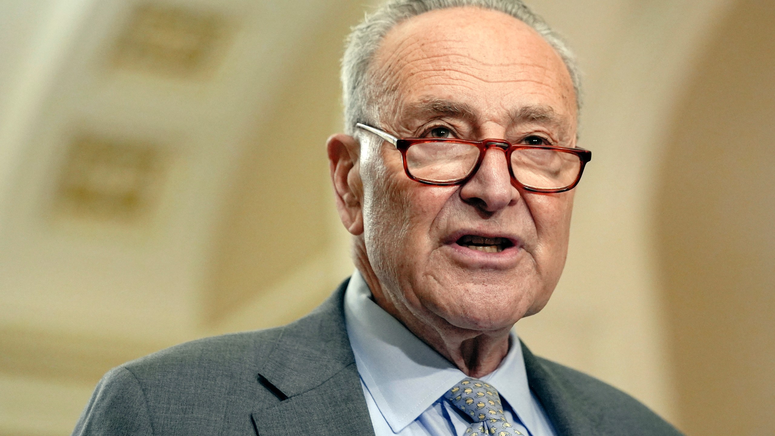 FILE - Sen. Majority Leader Chuck Schumer, D-N.Y., talks after a policy luncheon on Capitol Hill, Sept. 24, 2024, in Washington. (AP Photo/Mariam Zuhaib, File)