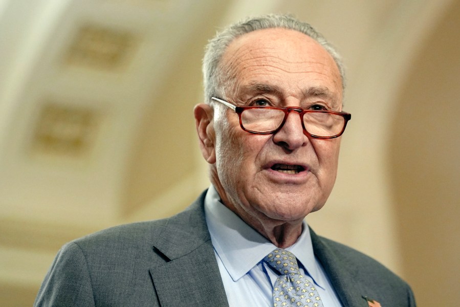 FILE - Sen. Majority Leader Chuck Schumer, D-N.Y., talks after a policy luncheon on Capitol Hill, Sept. 24, 2024, in Washington. (AP Photo/Mariam Zuhaib, File)