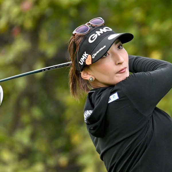 Hana Wakimoto of Japan plays a shot during the first round of the LPGA's Toto Classic at Seta Golf Course in Shiga, central Japan Thursday, Oct. 31, 2024.(Kyodo News via AP)