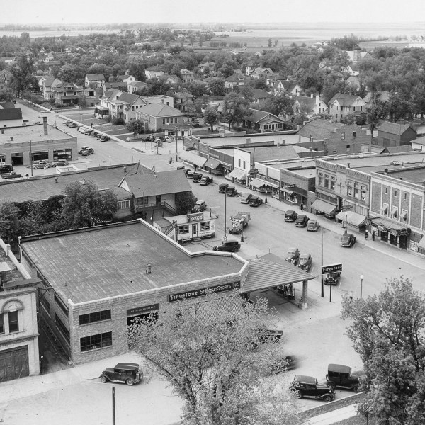 This 1940s photo provided by The Globe, Worthington, shows local businesses in downtown Worthington, Minn. (The Globe, Worthington via AP)