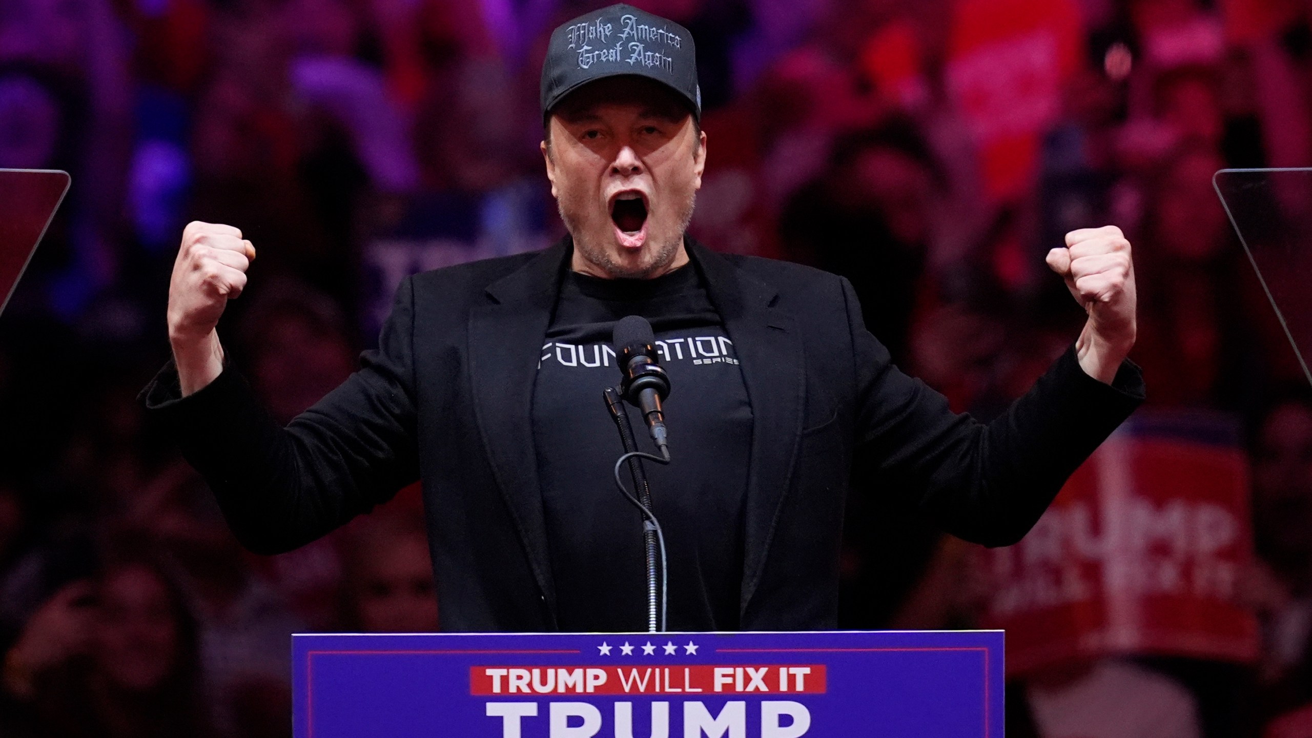 FILE - Elon Musk speaks before Republican presidential nominee former President Donald Trump at a campaign rally at Madison Square Garden, Sunday, Oct. 27, 2024, in New York. (AP Photo/Evan Vucci, File)