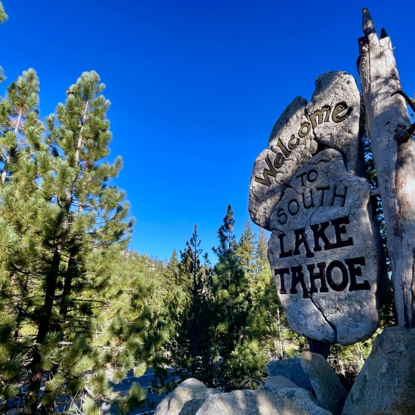 A sign welcomes motorists to South Lake Tahoe, Calif. on Friday, Oct. 18, 2024, where voters will decide whether to approve Measure N, which will mandate a tax to homeowners who leave their homes vacant for more than half the year. (AP Photo/Haven Daley)