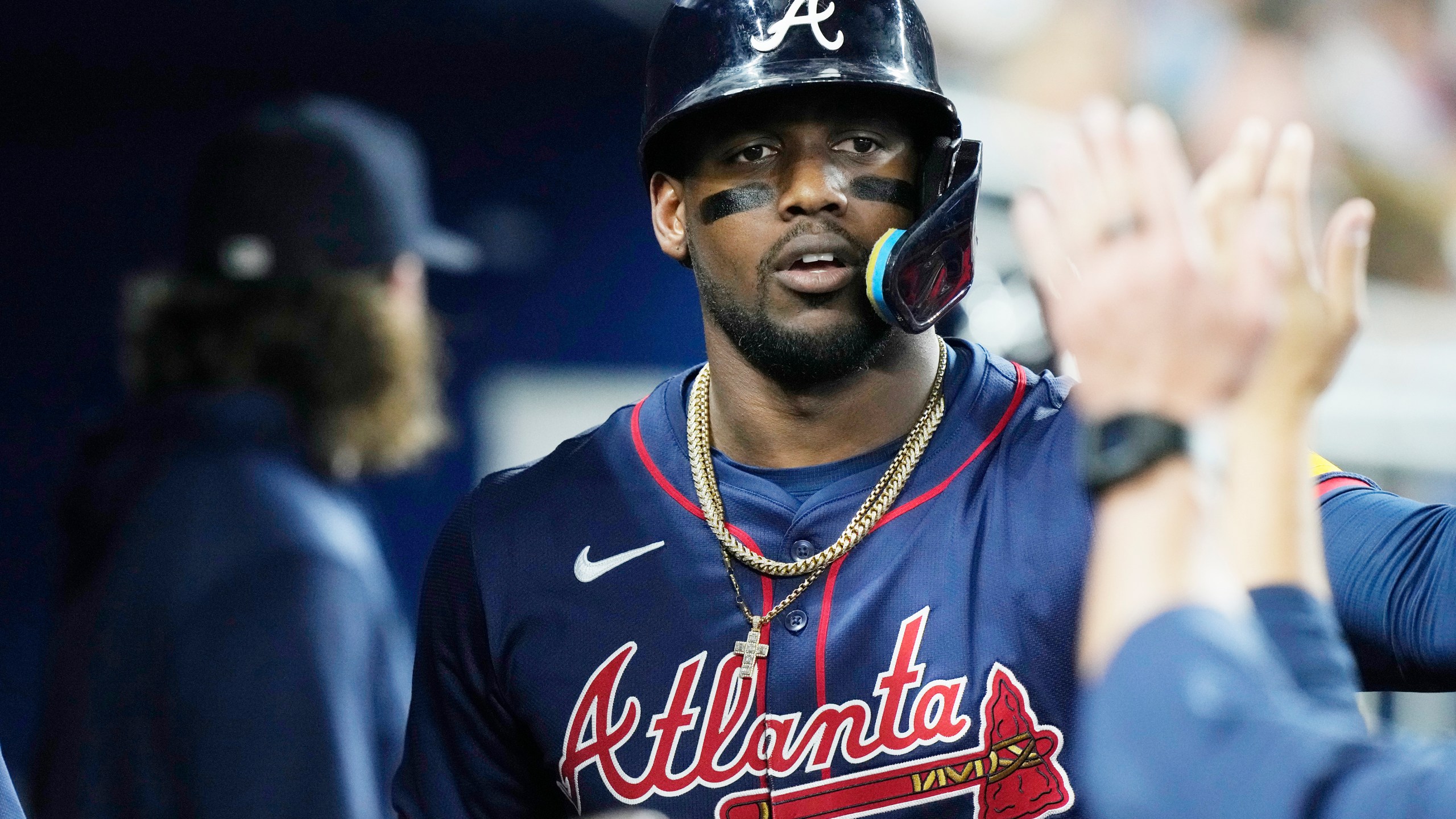 FILE - Atlanta Braves' Jorge Soler celebrates after hitting a home run during the second inning of a baseball game against the Miami Marlins, Sept. 21, 2024, in Miami. (AP Photo/Marta Lavandier, File)