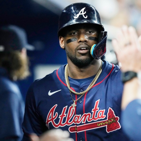 FILE - Atlanta Braves' Jorge Soler celebrates after hitting a home run during the second inning of a baseball game against the Miami Marlins, Sept. 21, 2024, in Miami. (AP Photo/Marta Lavandier, File)