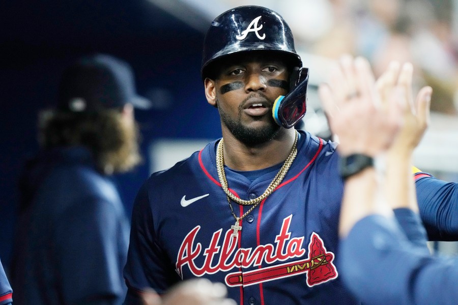 FILE - Atlanta Braves' Jorge Soler celebrates after hitting a home run during the second inning of a baseball game against the Miami Marlins, Sept. 21, 2024, in Miami. (AP Photo/Marta Lavandier, File)