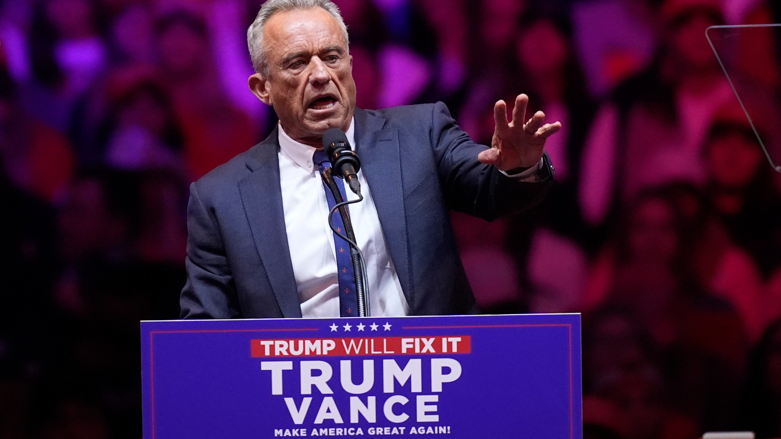 Robert F. Kennedy Jr., speaks before Republican presidential nominee former President Donald Trump at a campaign rally at Madison Square Garden, Sunday, Oct. 27, 2024, in New York. (AP Photo/Evan Vucci)