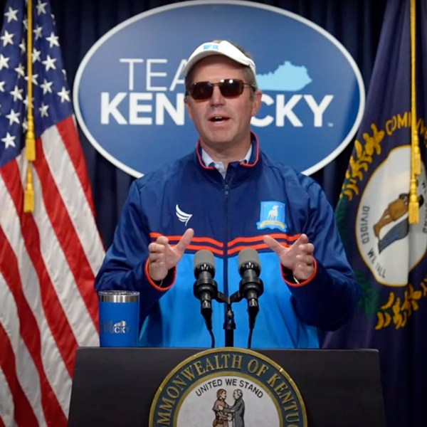 In this image taken from video provided by Kentucky Gov. Andy Beshear, Gov. Beshear shows off his Halloween spirit, decked out as fictional soccer coach Ted Lasso, during a press conference Thursday, Oct. 31, 2024, in Frankfort, Ky. (Kentucky Gov. Andy Beshear via AP)