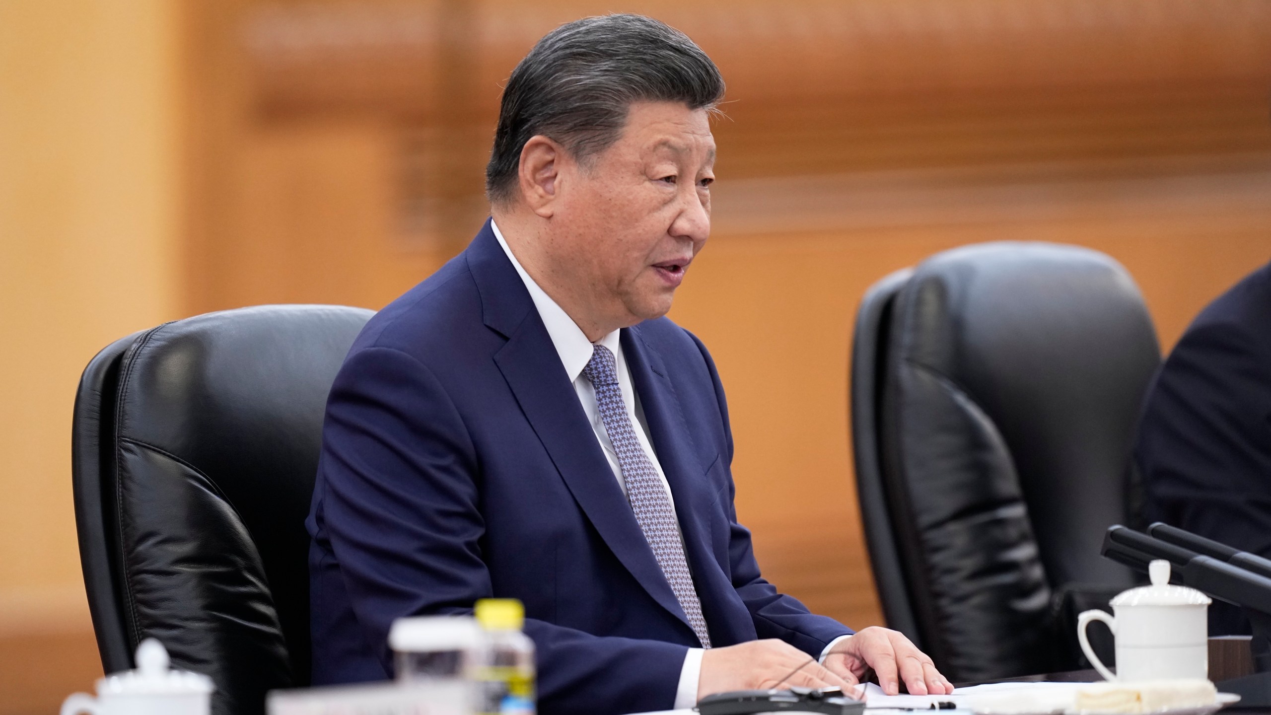 Chinese President Xi jinping speaks during a meeting with Finnish President Alexander Stubb at the Great Hall of the People on Tuesday, Oct. 29, 2024 in Beijing, China. (Kazuki Kozaki, Pool Photo via AP)