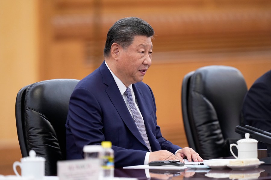 Chinese President Xi jinping speaks during a meeting with Finnish President Alexander Stubb at the Great Hall of the People on Tuesday, Oct. 29, 2024 in Beijing, China. (Kazuki Kozaki, Pool Photo via AP)