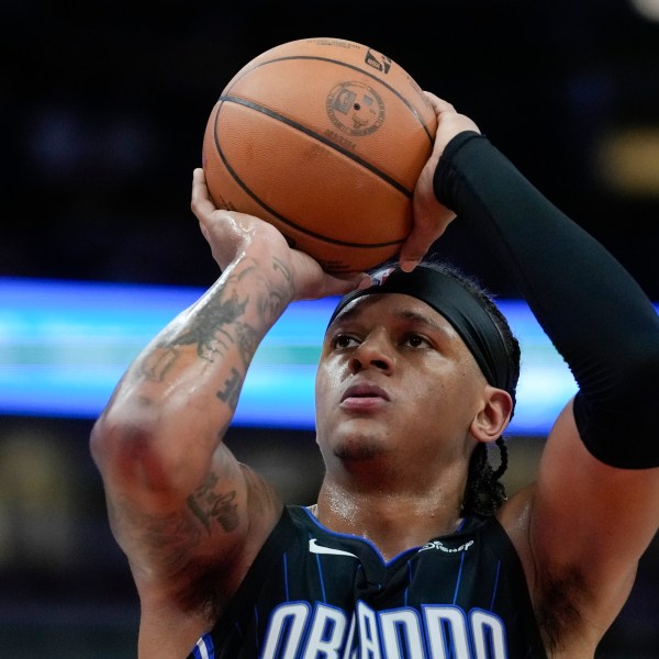 Orlando Magic forward Paolo Banchero shoots a free throw during the first half of an NBA basketball game against the Chicago Bulls, Wednesday, Oct. 30, 2024, in Chicago. (AP Photo/Erin Hooley)