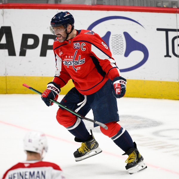 Washington Capitals left wing Alex Ovechkin (8) celebrates his goal during the third period of an NHL hockey game against the Montreal Canadiens, Thursday, Oct. 31, 2024, in Washington. The Capitals won 6-3. (AP Photo/Nick Wass)