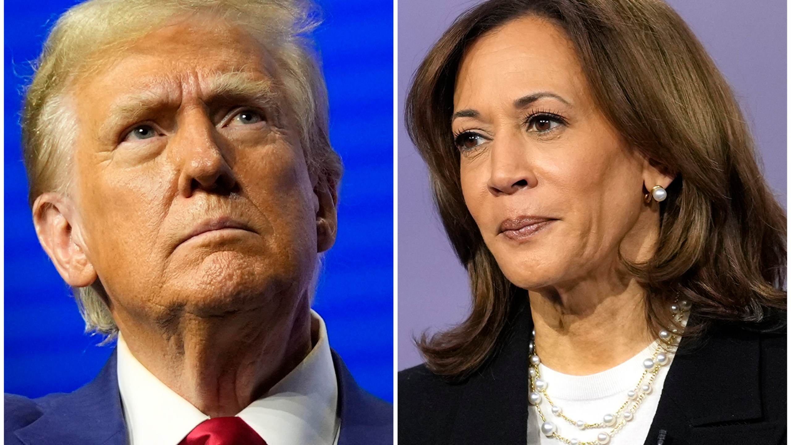 FILE - This combination of images shows Republican presidential nominee former President Donald Trump and Democratic presidential nominee Vice President Kamala Harris at separate campaign events Wednesday, Oct. 23, 2024, in Duluth, Ga., and Aston, Pa., respectively. (AP Photo/Alex Brandon, left, Matt Rourke, File)