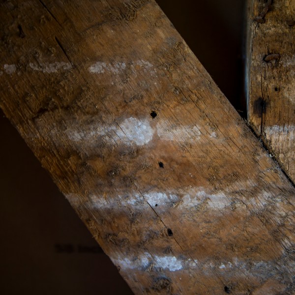 Residue from the original plaster walls of the Williamsburg Bray School on Wednesday, Oct 30, 2024 in Williamsburg, Va. (AP Photo/John C. Clark)