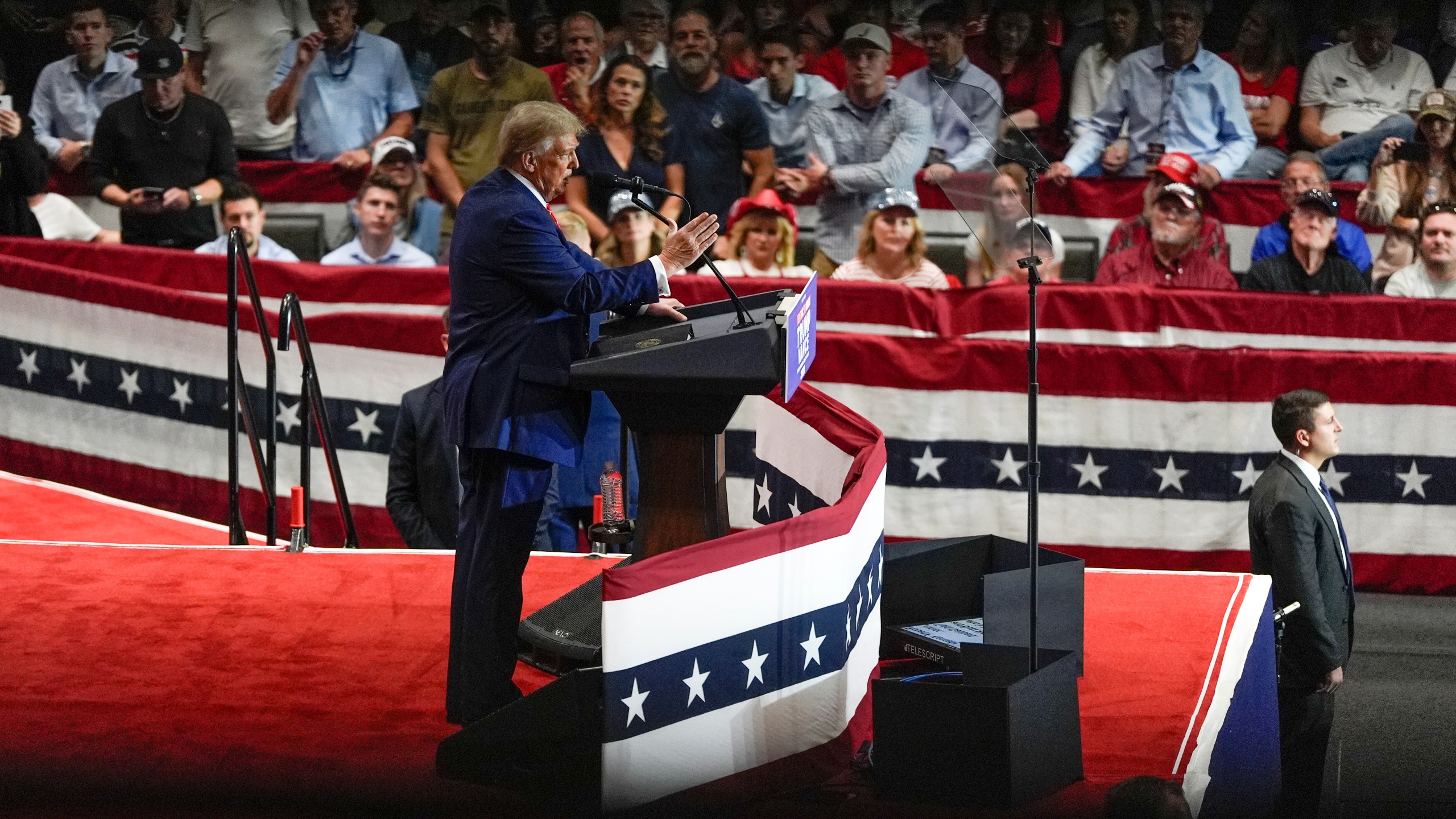 Republican presidential nominee former President Donald Trump speaks at a campaign rally at Rocky Mount Event Center, Wednesday, Oct. 30, 2024, in Rocky Mount, N.C. (AP Photo/Julia Demaree Nikhinson)