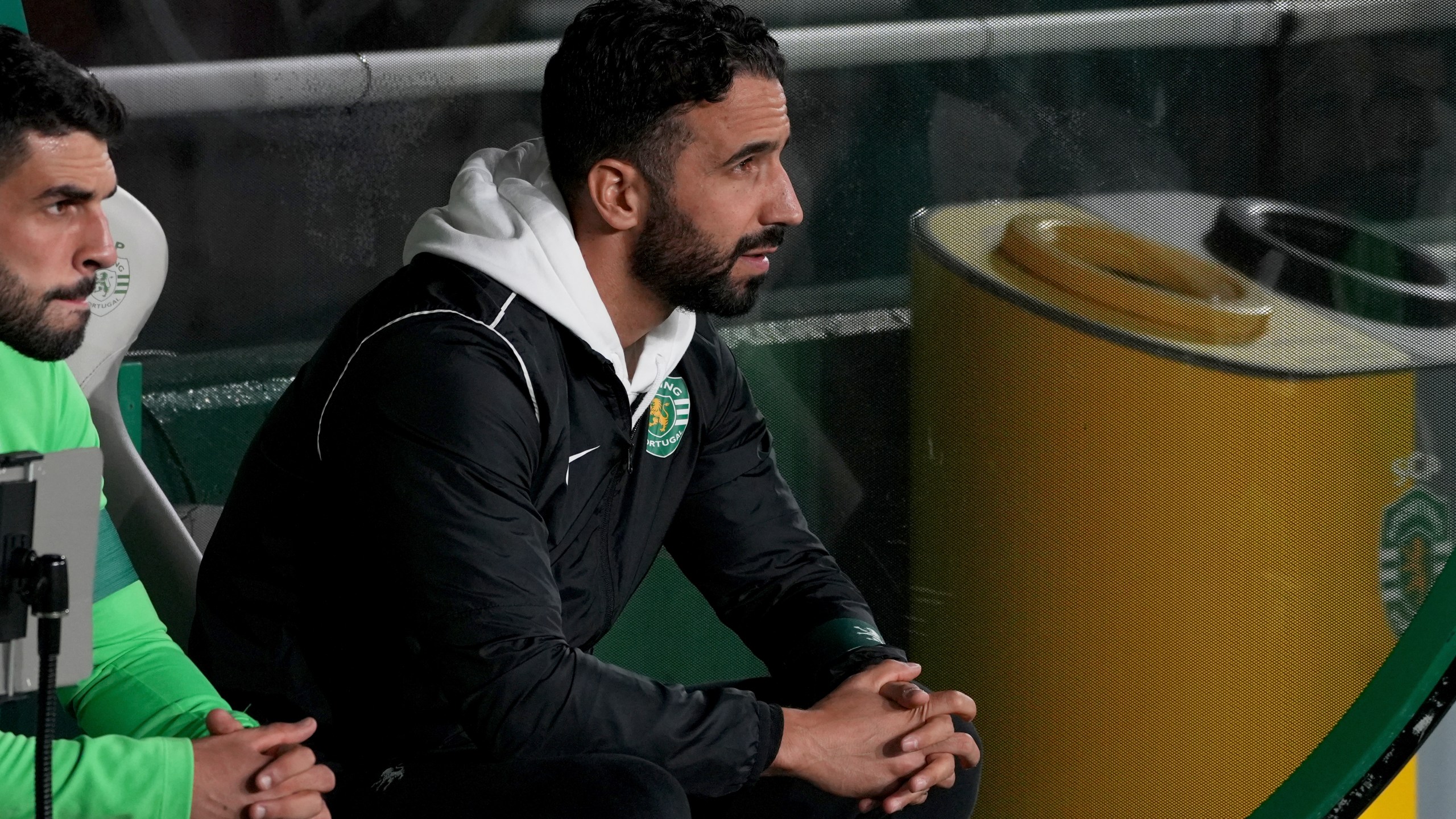 Sporting's head coach Ruben Amorim, who Manchester United has expressed an interest in hiring, sits on the bench during a Portuguese League Cup soccer match between Sporting CP and Nacional at the Alvalade stadium in Lisbon, Tuesday, Oct. 29, 2024. (AP Photo/Ana Brigida)