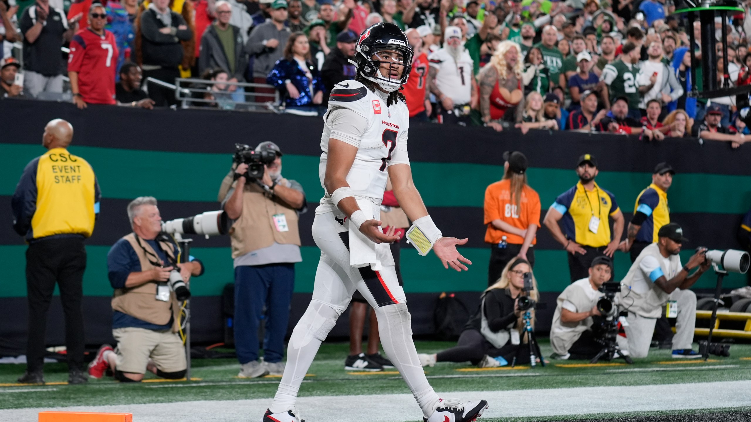 Houston Texans quarterback C.J. Stroud reacts after an incomplete pass during the second half of an NFL football game against the New York Jets, Thursday, Oct. 31, 2024, in East Rutherford, N.J. (AP Photo/Seth Wenig)