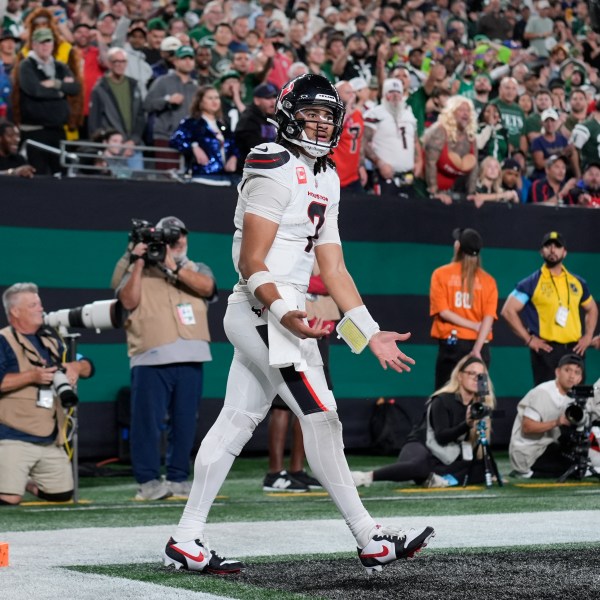 Houston Texans quarterback C.J. Stroud reacts after an incomplete pass during the second half of an NFL football game against the New York Jets, Thursday, Oct. 31, 2024, in East Rutherford, N.J. (AP Photo/Seth Wenig)